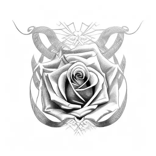rose with skull in the center, wrapped in barbed wire tattoo design idea
