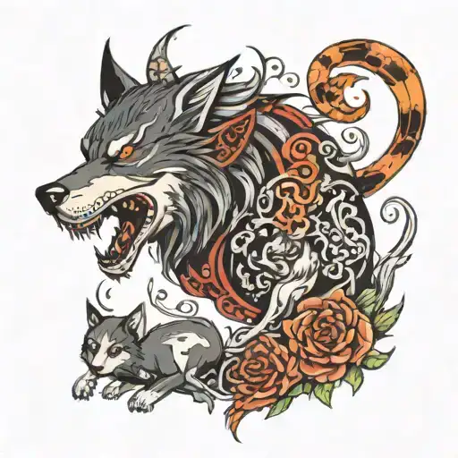 wolf demon and cat tattoo design idea