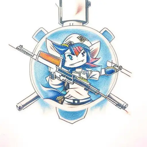 Design a traditional tattoo featuring an anime character wielding a rifle in a militaristic pose tattoo design idea