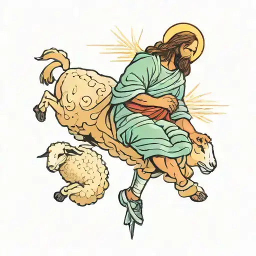 a tattoo wrapping around the knee of Jesus leaving the 99 sheep for the one sheep while it's going down the knee tattoo design idea
