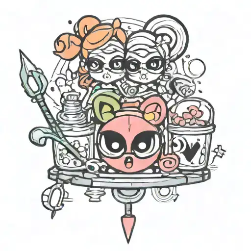 Create tattoo of the powerpuff girls with some laboratory supplies in your hand tattoo design idea