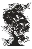 poison tree with bats flying tattoo design idea