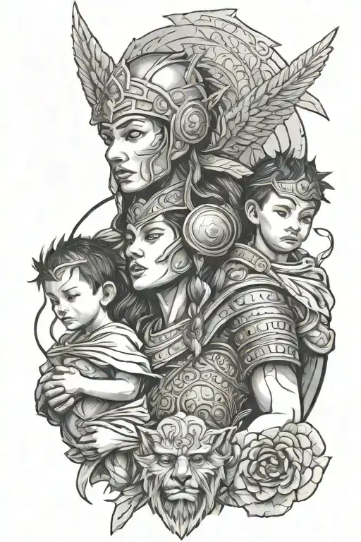 warrior mother protects her two male children front shot and background elements tattoo design idea