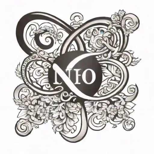 "Design a monochrome tattoo using an infinity symbol as the base, with the names 'Jeroen' and 'Nienke' integrated into t tattoo design idea