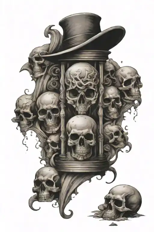 hour glass with sand, skulls surrounded, life and death, family, trama, evil, time  tattoo design idea