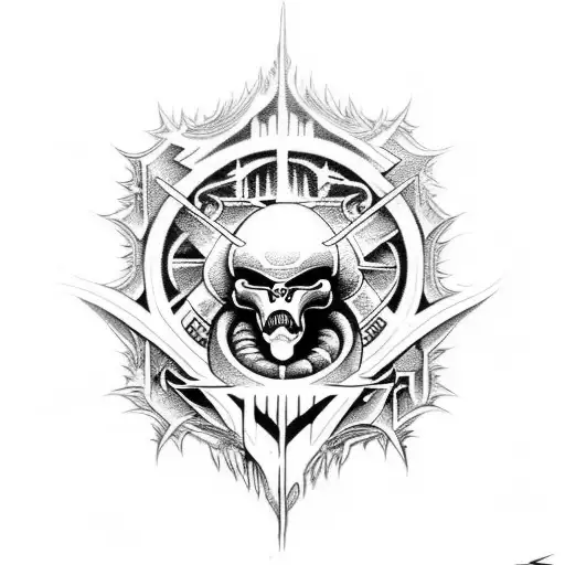 Combine elements of alien movie black metal and deathcore music genres into a tattoo design tattoo design idea