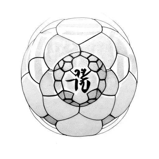 A tattoo design of a soccer ball with the word 'NAKUMA' incorporated into the design in Chinese characters tattoo design idea