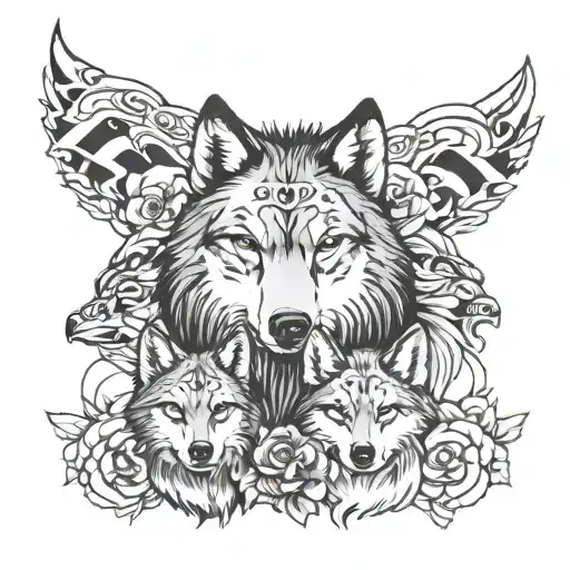 family Wolfpack with dad mom daughter, son, and infant girl. tattoo design idea