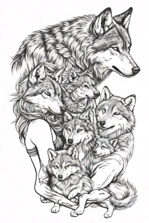 family Wolfpack with dad mom daughter, son, and infant girl. tattoo design idea