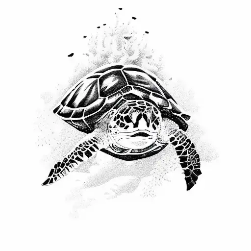 A majestic sea turtle swimming through a vibrant coral reef tattoo design idea