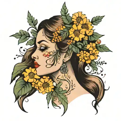 mother face with mimosa flowers   tattoo design idea