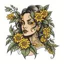 mother face with mimosa flowers   tattoo design idea