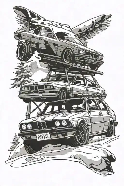 bmw 328i with roof rack and snowboards on it  tattoo design idea