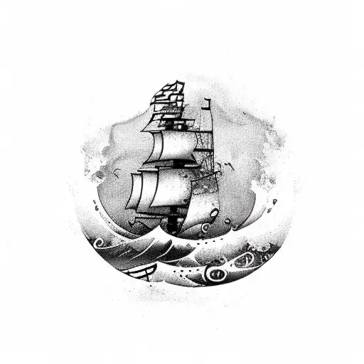 on the bottom, pirate ship with waves combined with music note, entending up to cranes and treasure chests, anchors tattoo design idea