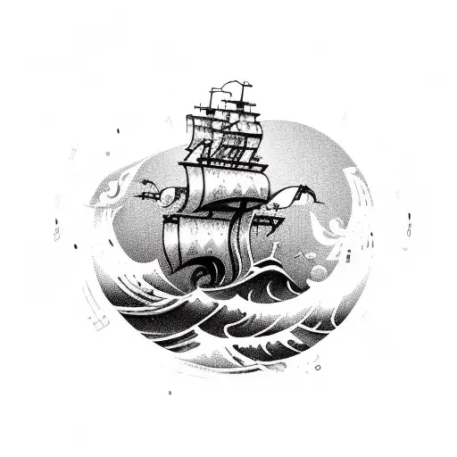 on the bottom, pirate ship with waves combined with music note, entending up to cranes and treasure chests, anchors tattoo design idea