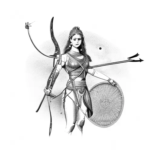  Sagittarius maiden holding a bow and arrow standing back to back with a Virgo maiden holding a sickle tattoo design idea