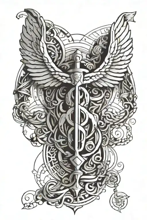 A minimalist design of the Caduceus symbol, intertwined with elements of Greek mythology such as the winged sandals of Hermes, blending the themes of medicine and mythology tattoo design idea