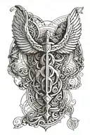 A minimalist design of the Caduceus symbol, intertwined with elements of Greek mythology such as the winged sandals of Hermes, blending the themes of medicine and mythology tattoo design idea