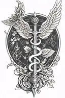 A minimalist design of the Caduceus symbol, intertwined with elements of Greek mythology such as the winged sandals of Hermes, blending the themes of medicine and mythology tattoo design idea