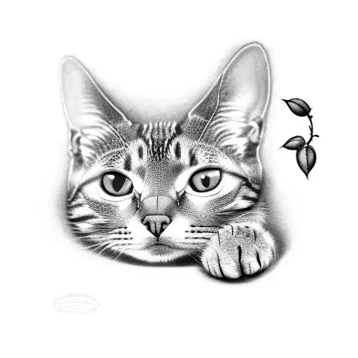 A realistic black and grey tattoo of a cat lounging on a coffee bean plant tattoo design idea