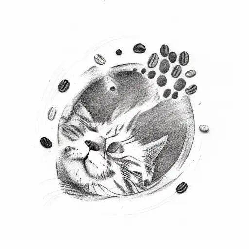 A sketch-style tattoo of an artist's palette with coffee beans and a cat paw print tattoo design idea