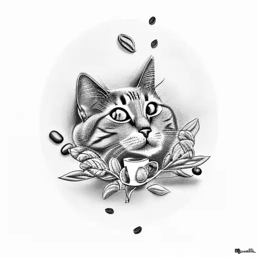A realistic black and grey tattoo of a cat lounging on a coffee bean plant tattoo design idea