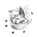 A sketch-style tattoo of an artist's palette with coffee beans and a cat paw print tattoo design idea