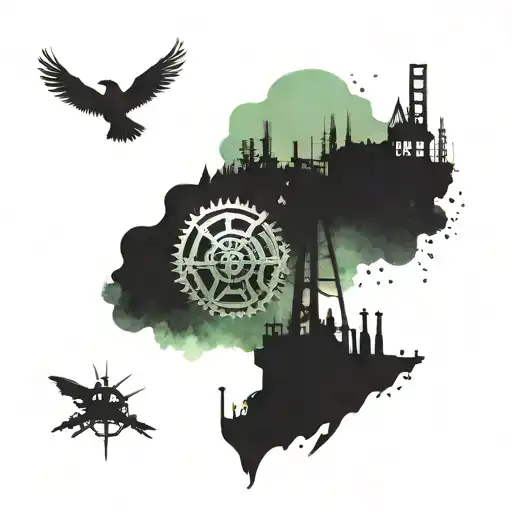 A tattoo of an oilfield worker surrounded by gears and machinery, with the northern lights shimmering in the background tattoo design idea