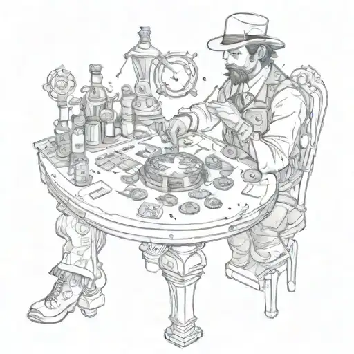 A steam punk inspired tattoo of a trader at a casino table, with gears and playing cards scattered around tattoo design idea