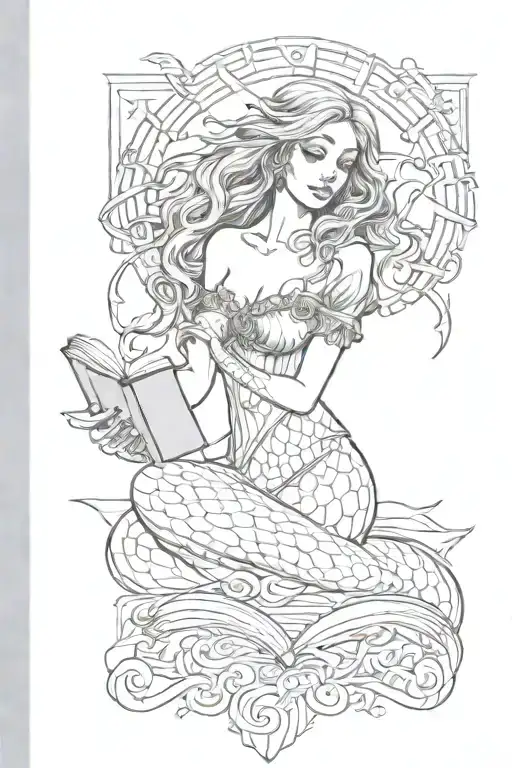A mermaid reading a book in a gothic style with a trinity knot incorporated, inspired by Edgar Allan Poe's poetry tattoo design idea