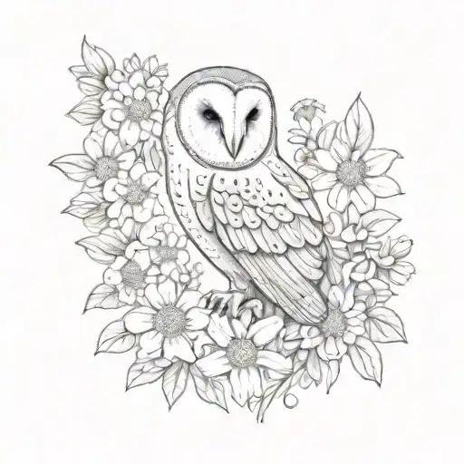A sketch of a barn owl surrounded by daisies and trinity knots tattoo design idea