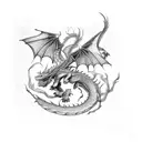 A dragon breathing fire onto the manga 'Record of Ragnarok' with Qin Shi Huang standing defiantly tattoo design idea