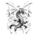 A dragon breathing fire onto the manga 'Record of Ragnarok' with Qin Shi Huang standing defiantly tattoo design idea