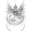 A dragon breathing fire onto the manga 'Record of Ragnarok' with Qin Shi Huang standing defiantly tattoo design idea