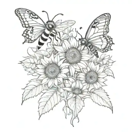 bees and sunflowers and butterflies  tattoo design idea