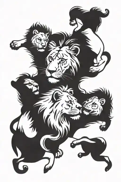2 adult lions, 2 cubs playing tattoo design idea