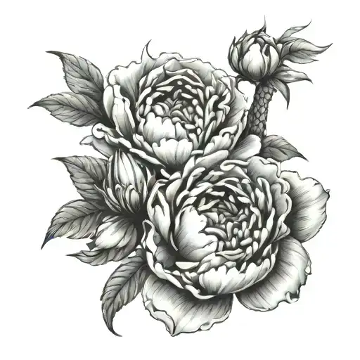 a large peony wrapped around a snake, tattoo sketch in black and white format tattoo design idea