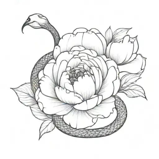 a large peony wrapped around a snake, tattoo sketch in black and white format tattoo design idea