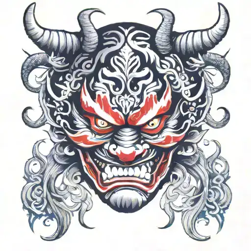 oni mask split in half tattoo design idea