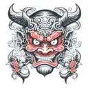 oni mask split in half tattoo design idea