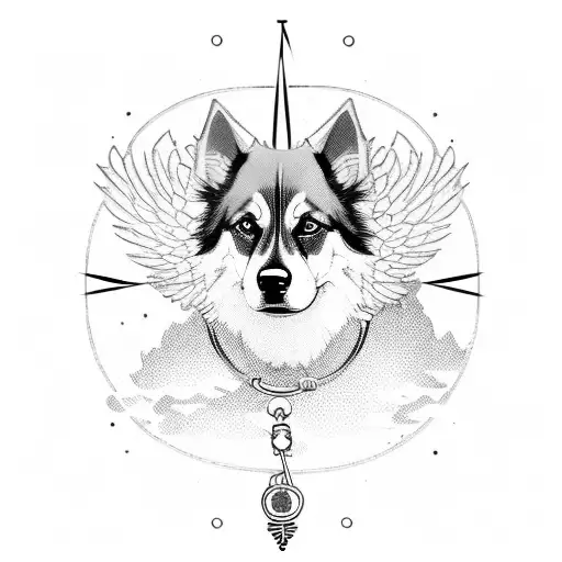 pollice officer holding dog in a forest using a compass with angels tattoo design idea