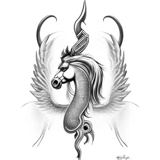pegasus with sea background holding posiden trident tattoo design idea