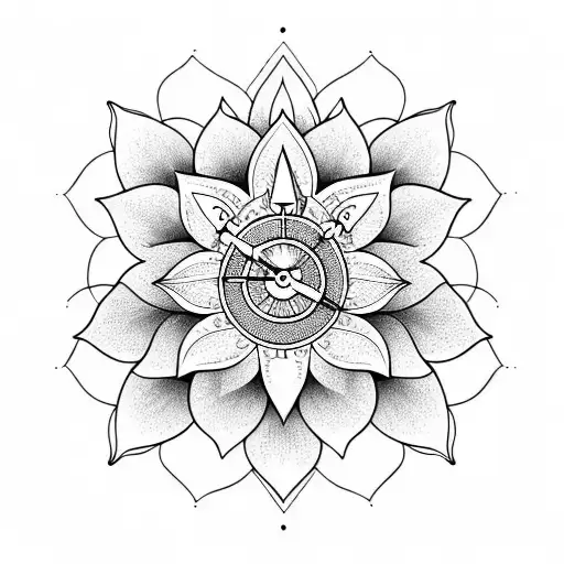 lotus flower with a clock and praying hands with a cross and vines tattoo design idea
