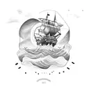 containeer ship docking to port, sunset tattoo design idea