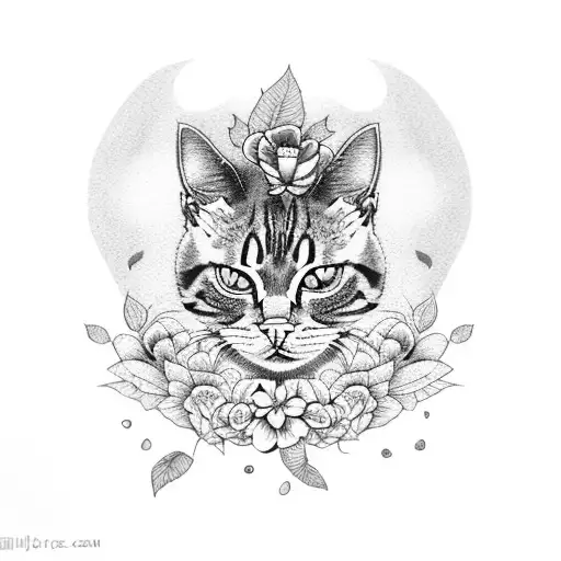 angry cat with flowers color tattoo design idea