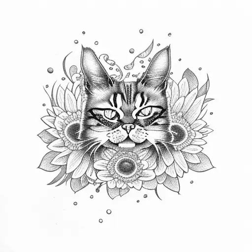 angry cat with flowers tattoo design idea
