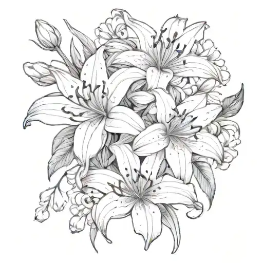 two lily of the valleys and one chrysanthemum tied in a bouquet fine line tattoo design idea
