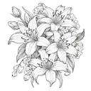 two lily of the valleys and one chrysanthemum tied in a bouquet fine line tattoo design idea