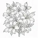 two lily of the valleys and one chrysanthemum tied in a bouquet fine line tattoo design idea