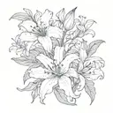 two lily of the valleys and one chrysanthemum tied in a bouquet fine line tattoo design idea